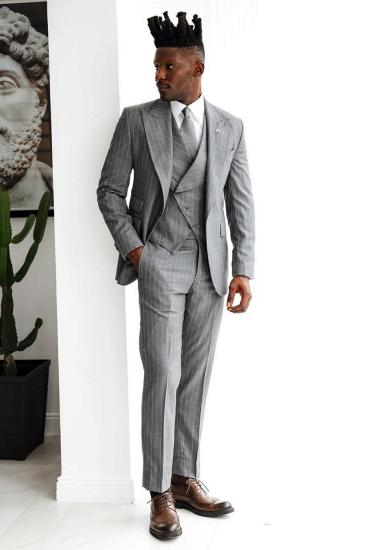 Abner Gray Striped Peaked Lapel Three Pieces Prom Suits_1