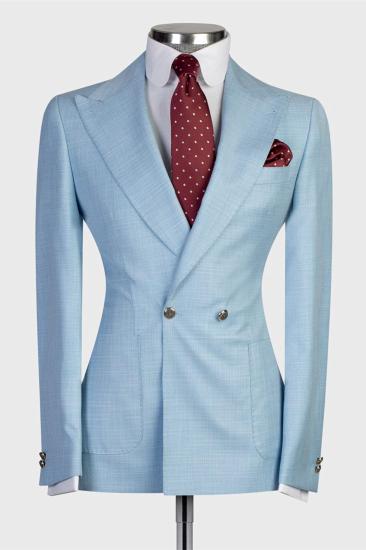 Fashion Sky Blue Double Breasted Men Suits with Point Collar_1