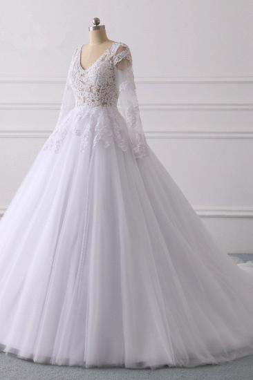 Bradyonlinewholesale Elegant V-Neck Long Sleeves Wedding Dress White Tulle Lace Appliques Bridal Gowns On Sale_3