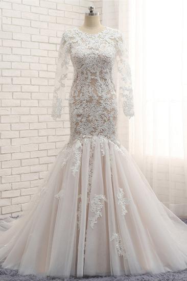 Bradyonlinewholesale Elegant Longsleeves Jewel Mermaid Wedding Dresses Champagne Tulle Bridal Gowns With Appliques On Sale_5