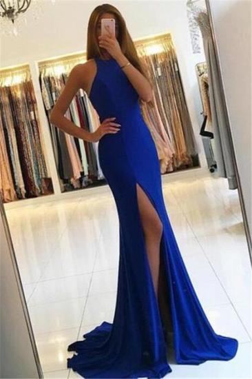 Simple Royal-Blue Mermaid Prom Dresses Side Slit Halter Evening Gowns