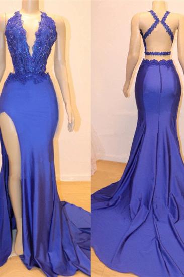 2022 V-neck Sexy Open back Side Slit Prom Dresses Cheap | Royal Blue Mermaid Beads Lace Evening Gowns_2