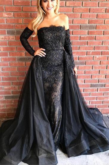 Gorgeous Black Long Sleeves Evening Gowns Sheath Beads Prom Dresses with Over-Skirt_1