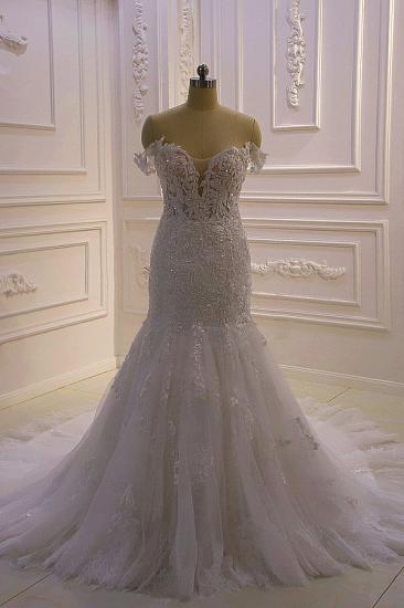 Gorgeous White 3D Lace applique Off-the-Shoulder Mermaid Bridal Gowns_7