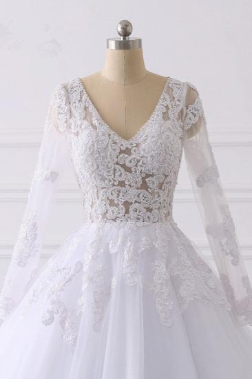Bradyonlinewholesale Elegant V-Neck Long Sleeves Wedding Dress White Tulle Lace Appliques Bridal Gowns On Sale_4