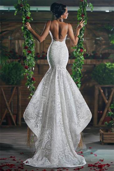 Sexy V-neck Mermaid Wedding Dresses Long Unique Lace Ope Back Tulle Straps Bridal Gowns_2