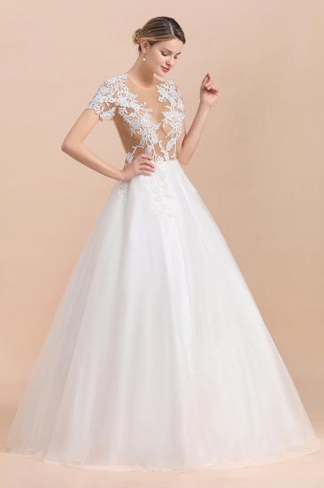 Elegant White Short Sleeves Ball Gown Buttons Lace Applique Wedding Dress_3