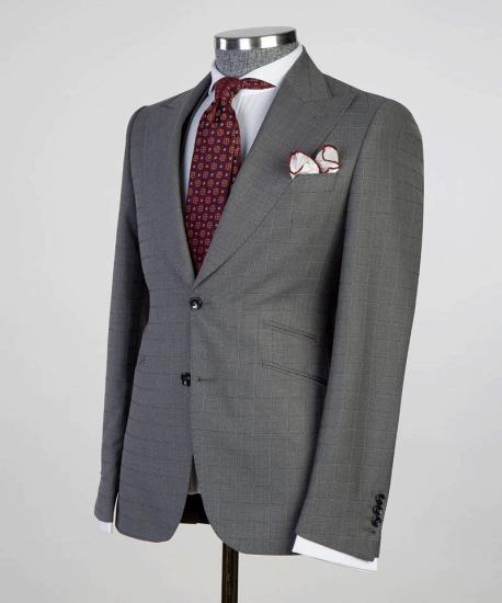 Fashion Grey Plaid Three-Piece Point Lapel Business Men Suits_4