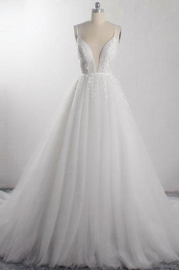 Bradyonlinewholesale Sexy A-Line Spaghetti Straps Tulle Wedding Dress Deep-V-Neck Appliques Sleeveless Bridal Gowns Online_1