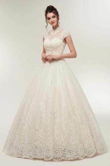 A-line High Neck Short Sleeves Long Lace Appliques Wedding Dresses with Lace-up_4