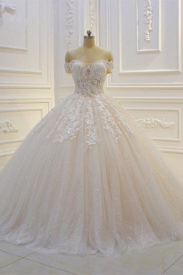 Off-the-shoulder Tulle Lace Appliques Sequined Wedding Dress_5