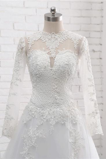 Bradyonlinewholesale Modest Jewel White Tulle Lace Wedding Dress Long Sleeves Appliques A-Line Bridal Gowns On Sale_5