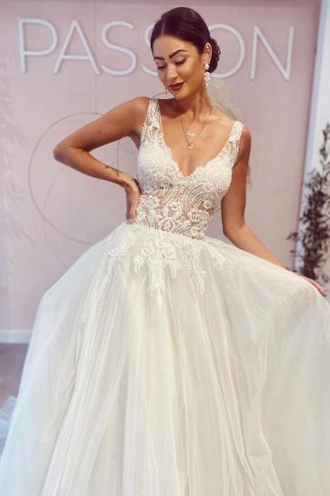 Elegant V Neck Sewing Beads Bridal Dress Sleeveless Belt Aline Wedding Dress