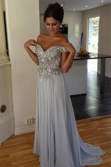 Off The Shoulder Silver Beaded Sequins Evening Dress Chiffon A-line Prom Dresses