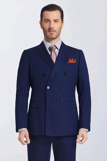 Navy Blue Double Breasted Peak Lapel Slim Fit Mens Suit_2