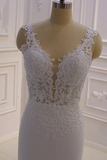 Elegant Sleeveless Lace V-neck Column White Court Train Wedding Dress_5
