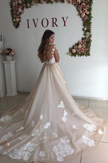 Off-the-shoulder Champange Keyhole Overskirt Unique White Lace appliques Bridal Gown_4