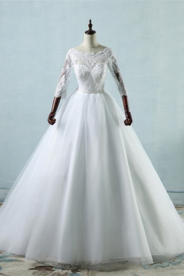Bradyonlinewholesale Elegant Jewel Tulle Lace Wedding Dress 3/4 Sleeves Appliques A-Line Bridal Gowns On Sale