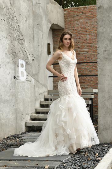 Luxury Mermaid Ivory V-neck Spring Lace Wedding Dress with Ruffles Train_8