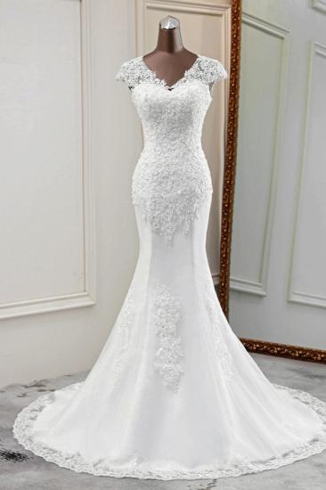 Bradyonlinewholesale Luxury V-Neck Sleeveless White Lace Mermaid Wedding Dresses with Appliques