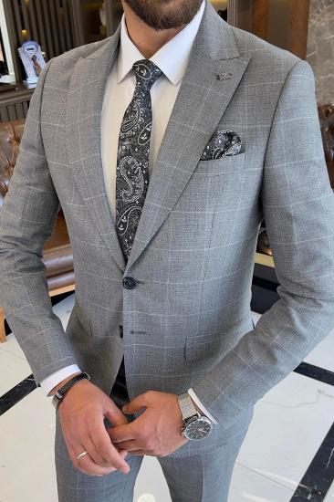 Algernon Gray Peaked Lapel Plaid Business Suits With Flaps_2
