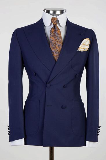 Dark Navy Double Breasted Peaked Lapel Close Fitting Stylish Men Suits_1