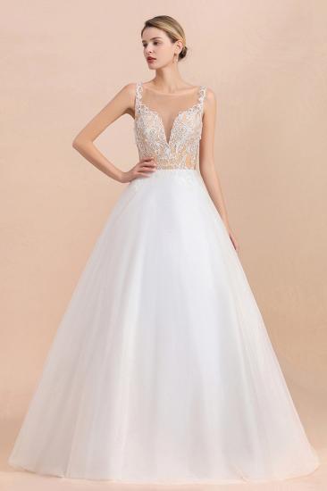 Gorgeous Illusion neck Buttons Sleeveless White Ball Gown Wedding Dress_5