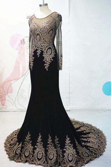 Black Long Sleeve Applique Evening Dresses Sweep Train Elegant Charming Prom Gowns_2