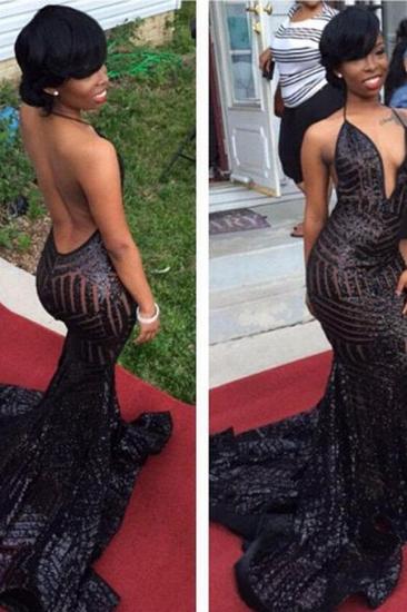 Sexy Black Mermaid Sequined Prom Dresses Backless V-Neck Evening Gowns_2