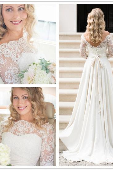 A Line Half Sleeve Lace Wedding Dress Off Shoulder V Back Bohemian Bridal Gown_4