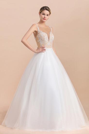 Gorgeous Illusion neck Buttons Sleeveless White Ball Gown Wedding Dress_6