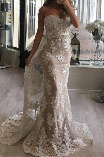 Sweetheart Sheath Lace Prom Dresses with Beads Belt Sexy Long Evening Gown with Long Train_1