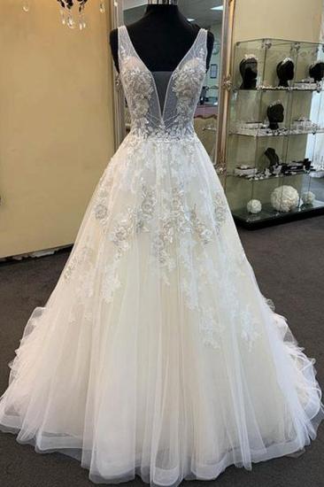 Bradyonlinewholesale Glamorous Unique White Tulle V-Neck Wedding Dress Long Beaded Lace Bridal Gowns On Sale_2