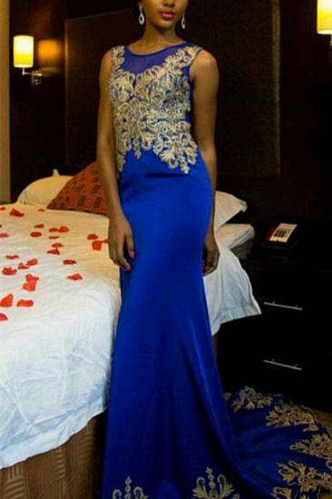 Royal Blue Sleeveless Prom Dresses | Mermaid Champagne Gold Lace Appliques Evening Gown