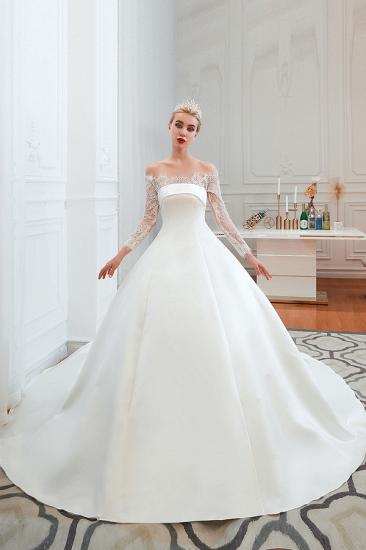 Romantic Lace Long Sleeves Princess Satin Wedding Dress | Princess Bridal Gowns with Cathedral Train_12