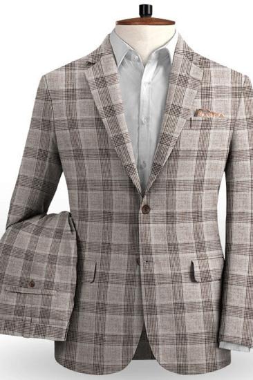 Khaki Linen Groom Mens Suit Online | Fashion Plaid Two Piece Tuxedo_2