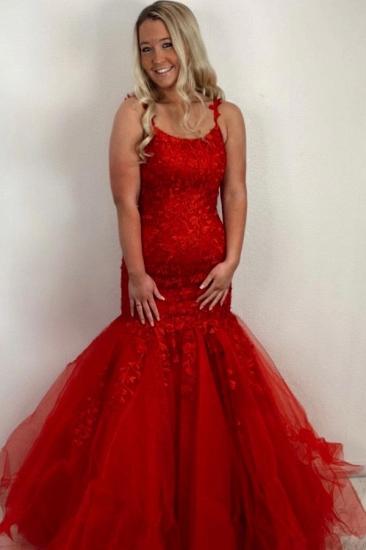Stunning Sleeveless Red Floral Lace Tulle Mermaid Prom Dress_1