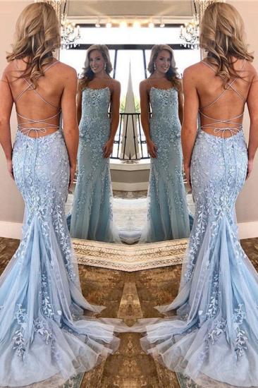 Spaghetti Straps Lace Appliques Sexy Prom Dresses | Open Back Baby Blue Cheap Evening Dress_2