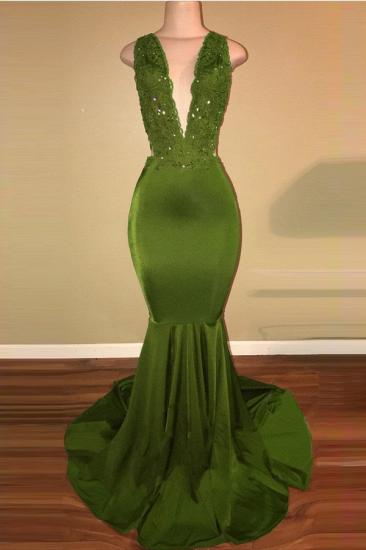 Elegant Mermaid Beaded Lace V-Neck Applique Sleeveless Prom Dresses_1