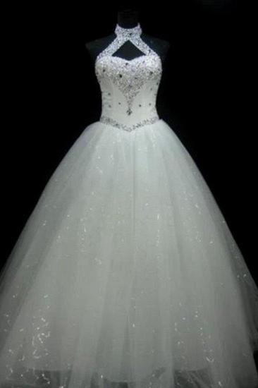 Sequin Ball Gown Sleeveless Floor-Length Beading Tulle Halter Wedding Dresses_1