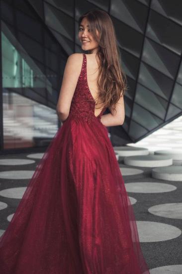 Gorgeous Burgundy V-Neck Tulle Evening Prom Dress Floral Lace Aline Gown_2