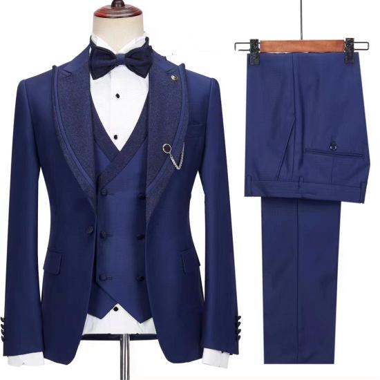 Jesse Fashion Dark Blue Peakd Lapel Three Pieces Prom Suits_2