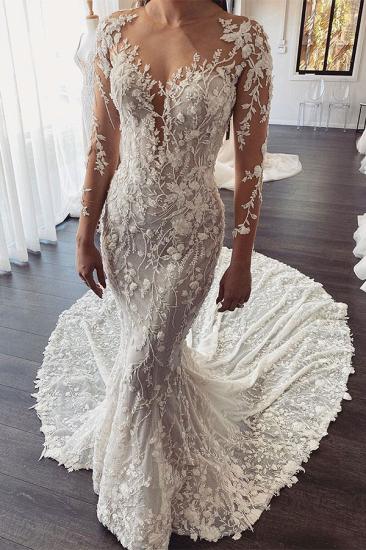Gorgeous Long Train Lace Open back Mermaid White Wedding Dresses_3