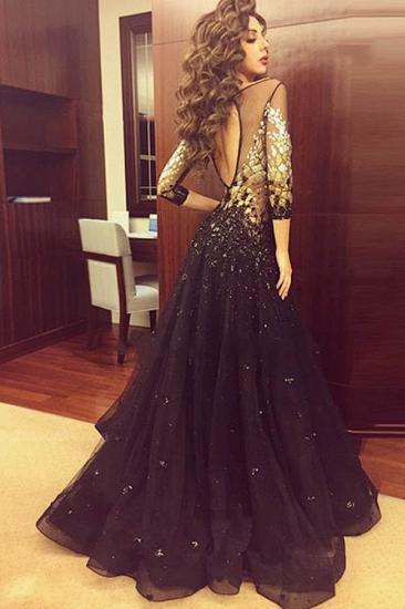 A-Line Crystal Sexy Half Sleeve Evening Dresses with Rhinestones Black Tulle Open Back Long Dress_2