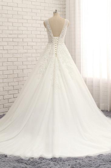 Bradyonlinewholesale Elegant A line Straps Lace Wedding Dresses White Sleeveless Tulle Bridal Gowns With Appliques On Sale_2