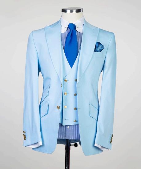 Sky blue pointed collar slim mens three-piece suit_4