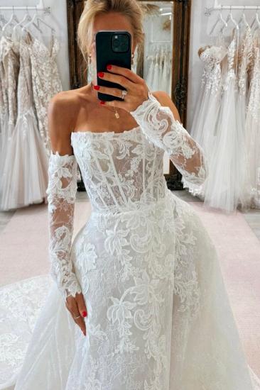 Strapless Lace up Appliques Lace A-Line Wedding Dresses with Train_4