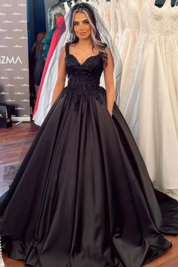 Beautiful black suspenders floor-length wedding dress | Wedding dresses princess with lace