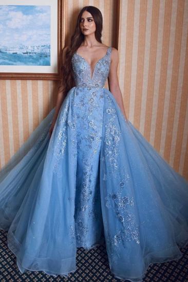 Stylish Double V-Neck Mermaid Prom Dress Lace Appliques Detachable Train_1
