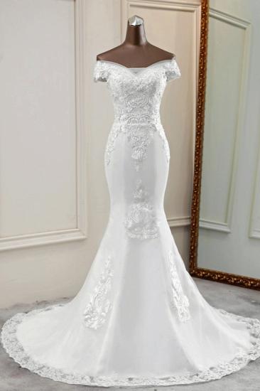 Bradyonlinewholesale Elegant Off-the-Shoulder Sleeveless White Mermaid Wedding Dresses with Beadings
